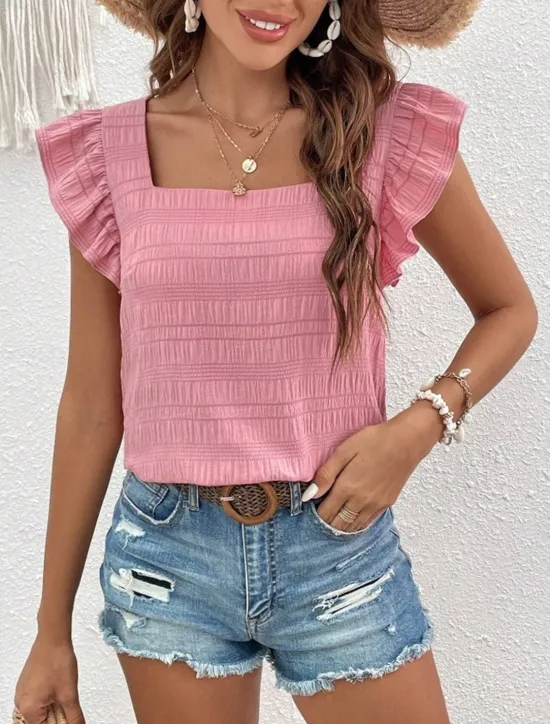 Best Women's Blouse Solid Color Daily Ladies Stylish Short Sleeve Square Neck Regular Tops Daily Holiday Going out Ruffle Patchwork Black White Pink Red Blue Summer Spring Women Blouses & Shirts