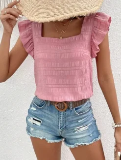 Best Women's Blouse Solid Color Daily Ladies Stylish Short Sleeve Square Neck Regular Tops Daily Holiday Going out Ruffle Patchwork Black White Pink Red Blue Summer Spring Women Blouses & Shirts