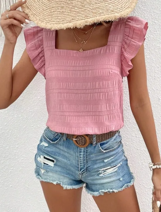 Best Women's Blouse Solid Color Daily Ladies Stylish Short Sleeve Square Neck Regular Tops Daily Holiday Going out Ruffle Patchwork Black White Pink Red Blue Summer Spring Women Blouses & Shirts