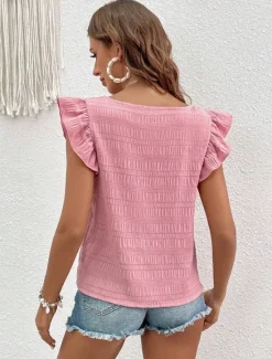 Best Women's Blouse Solid Color Daily Ladies Stylish Short Sleeve Square Neck Regular Tops Daily Holiday Going out Ruffle Patchwork Black White Pink Red Blue Summer Spring Women Blouses & Shirts