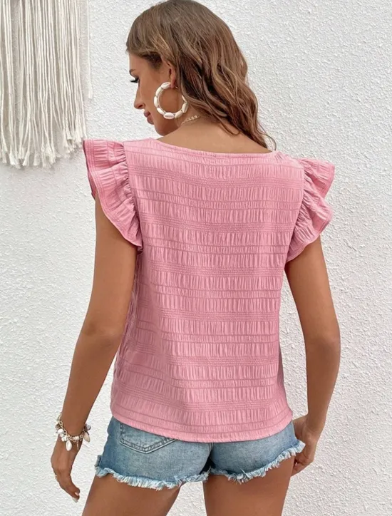 Best Women's Blouse Solid Color Daily Ladies Stylish Short Sleeve Square Neck Regular Tops Daily Holiday Going out Ruffle Patchwork Black White Pink Red Blue Summer Spring Women Blouses & Shirts