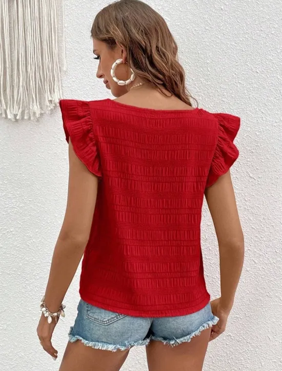 Best Women's Blouse Solid Color Daily Ladies Stylish Short Sleeve Square Neck Regular Tops Daily Holiday Going out Ruffle Patchwork Black White Pink Red Blue Summer Spring Women Blouses & Shirts