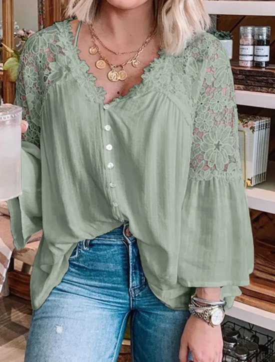 Best Women's Blouse Solid Color Stylish Casual Long Sleeve V Neck Regular Tops Daily Buttons Black White Red Purple Green Summer Spring Women Lace Tops