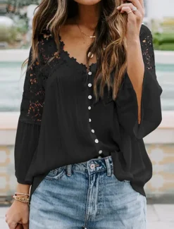 Best Women's Blouse Solid Color Stylish Casual Long Sleeve V Neck Regular Tops Daily Buttons Black White Red Purple Green Summer Spring Women Lace Tops