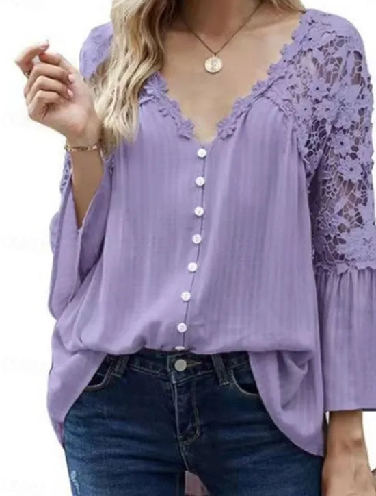 Best Women's Blouse Solid Color Stylish Casual Long Sleeve V Neck Regular Tops Daily Buttons Black White Red Purple Green Summer Spring Women Lace Tops
