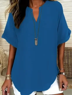New Women's Blouse Solid Color Stylish Casual Short Sleeve V Neck Regular Tops Daily Black Army Green Blue Summer Women Blouses & Shirts