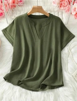 New Women's Blouse Solid Color Stylish Casual Short Sleeve V Neck Regular Tops Daily Black Army Green Blue Summer Women Blouses & Shirts