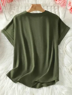 New Women's Blouse Solid Color Stylish Casual Short Sleeve V Neck Regular Tops Daily Black Army Green Blue Summer Women Blouses & Shirts