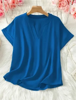 New Women's Blouse Solid Color Stylish Casual Short Sleeve V Neck Regular Tops Daily Black Army Green Blue Summer Women Blouses & Shirts