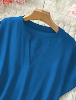 New Women's Blouse Solid Color Stylish Casual Short Sleeve V Neck Regular Tops Daily Black Army Green Blue Summer Women Blouses & Shirts