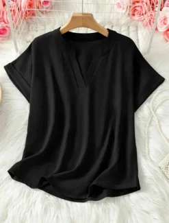 New Women's Blouse Solid Color Stylish Casual Short Sleeve V Neck Regular Tops Daily Black Army Green Blue Summer Women Blouses & Shirts