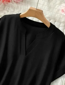 New Women's Blouse Solid Color Stylish Casual Short Sleeve V Neck Regular Tops Daily Black Army Green Blue Summer Women Blouses & Shirts