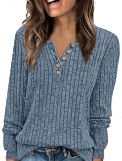 New Women's Blouse Solid Color Stylish Casual Long Sleeve V Neck Regular Tops Daily Buttons Pink Wine Navy Blue Green Beige Spring Fall Women T-Shirts