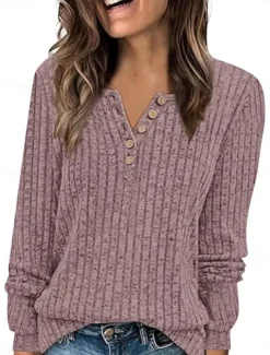 New Women's Blouse Solid Color Stylish Casual Long Sleeve V Neck Regular Tops Daily Buttons Pink Wine Navy Blue Green Beige Spring Fall Women T-Shirts