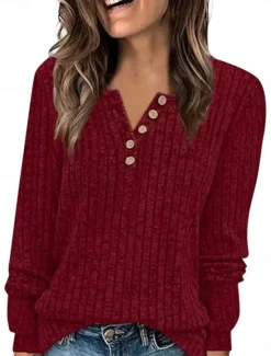 New Women's Blouse Solid Color Stylish Casual Long Sleeve V Neck Regular Tops Daily Buttons Pink Wine Navy Blue Green Beige Spring Fall Women T-Shirts