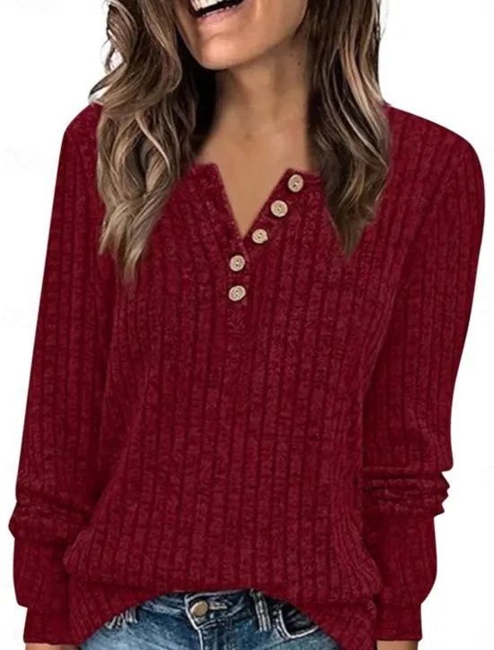 New Women's Blouse Solid Color Stylish Casual Long Sleeve V Neck Regular Tops Daily Buttons Pink Wine Navy Blue Green Beige Spring Fall Women T-Shirts