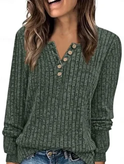 New Women's Blouse Solid Color Stylish Casual Long Sleeve V Neck Regular Tops Daily Buttons Pink Wine Navy Blue Green Beige Spring Fall Women T-Shirts