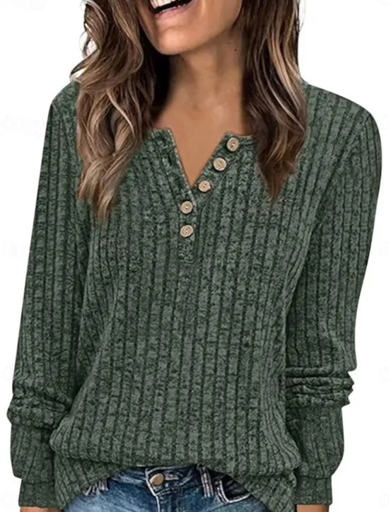 New Women's Blouse Solid Color Stylish Casual Long Sleeve V Neck Regular Tops Daily Buttons Pink Wine Navy Blue Green Beige Spring Fall Women T-Shirts