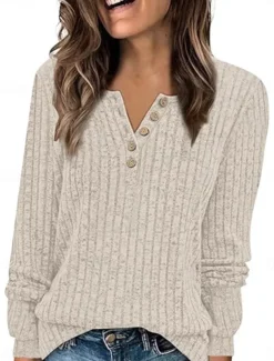 New Women's Blouse Solid Color Stylish Casual Long Sleeve V Neck Regular Tops Daily Buttons Pink Wine Navy Blue Green Beige Spring Fall Women T-Shirts