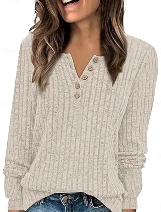 New Women's Blouse Solid Color Stylish Casual Long Sleeve V Neck Regular Tops Daily Buttons Pink Wine Navy Blue Green Beige Spring Fall Women T-Shirts