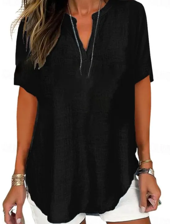 Women's Blouse Solid Color Elegant Casual Short Sleeve V Neck Regular Tops Daily Holiday Black White Pink Blue Green Summer Spring Women Blouses & Shirts