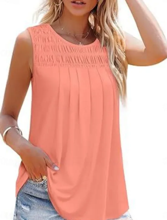 Online Women's Blouse Solid Color Basic Casual Sleeveless Crew Neck Regular Tops Daily Ruched White Pink Summer Women Shirts