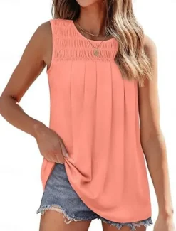Online Women's Blouse Solid Color Basic Casual Sleeveless Crew Neck Regular Tops Daily Ruched White Pink Summer Women Shirts