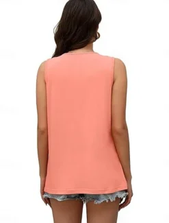 Online Women's Blouse Solid Color Basic Casual Sleeveless Crew Neck Regular Tops Daily Ruched White Pink Summer Women Shirts