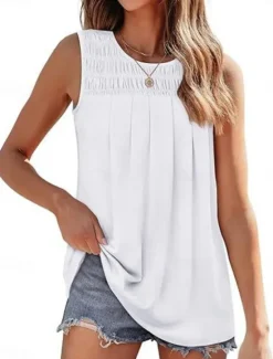 Online Women's Blouse Solid Color Basic Casual Sleeveless Crew Neck Regular Tops Daily Ruched White Pink Summer Women Shirts
