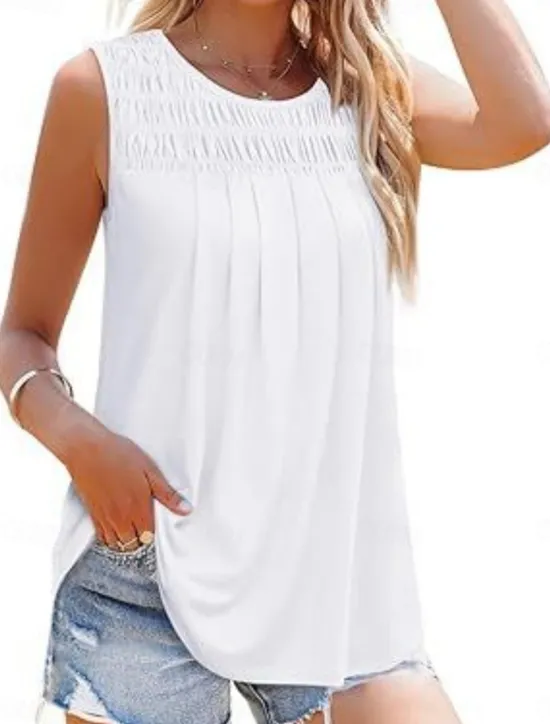 Online Women's Blouse Solid Color Basic Casual Sleeveless Crew Neck Regular Tops Daily Ruched White Pink Summer Women Shirts