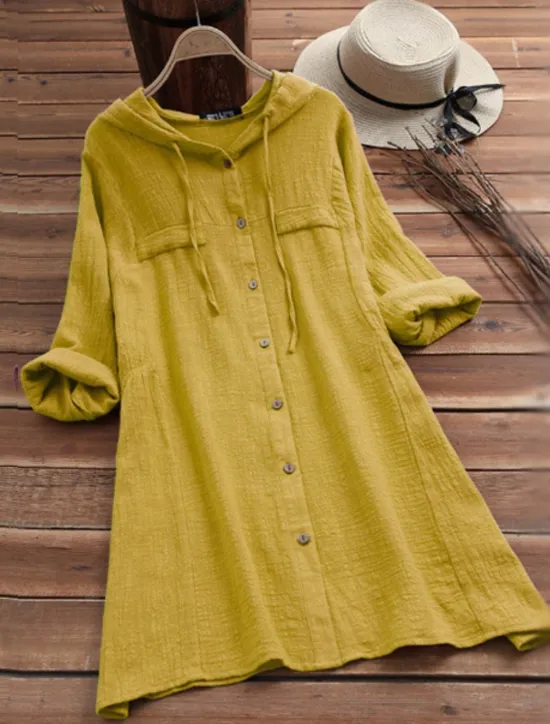 Clearance Women's Blouse Solid Color Casual Long Sleeve Hooded Long Tops Daily Pocket Buttons Yellow Wine Fuchsia Gray Summer Fall Women Hoodies & Sweatshirts