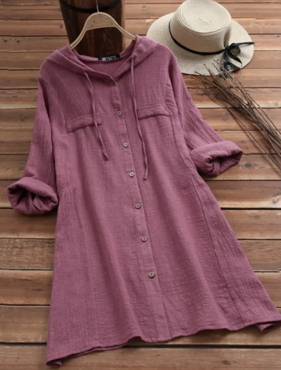 Clearance Women's Blouse Solid Color Casual Long Sleeve Hooded Long Tops Daily Pocket Buttons Yellow Wine Fuchsia Gray Summer Fall Women Hoodies & Sweatshirts