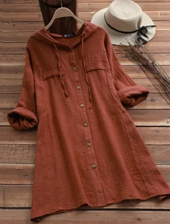 Clearance Women's Blouse Solid Color Casual Long Sleeve Hooded Long Tops Daily Pocket Buttons Yellow Wine Fuchsia Gray Summer Fall Women Hoodies & Sweatshirts