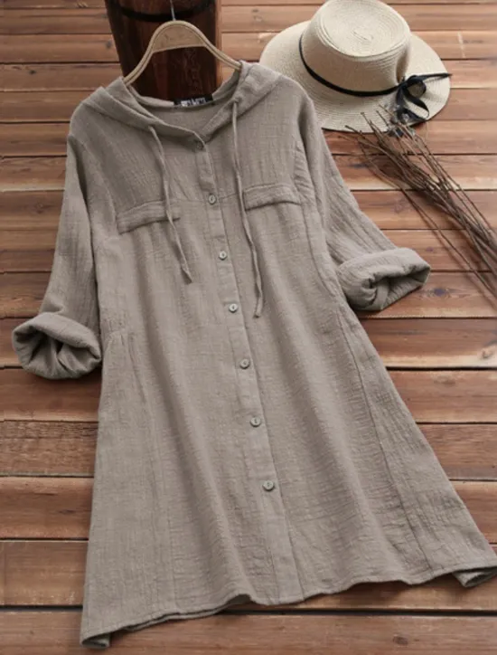 Clearance Women's Blouse Solid Color Casual Long Sleeve Hooded Long Tops Daily Pocket Buttons Yellow Wine Fuchsia Gray Summer Fall Women Hoodies & Sweatshirts