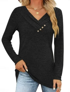 Best Women's Blouse Solid Color Stylish Casual Long Sleeve V Neck Regular Tops Daily Buttons Black Pink Wine Purple Summer Spring Women Blouses & Shirts