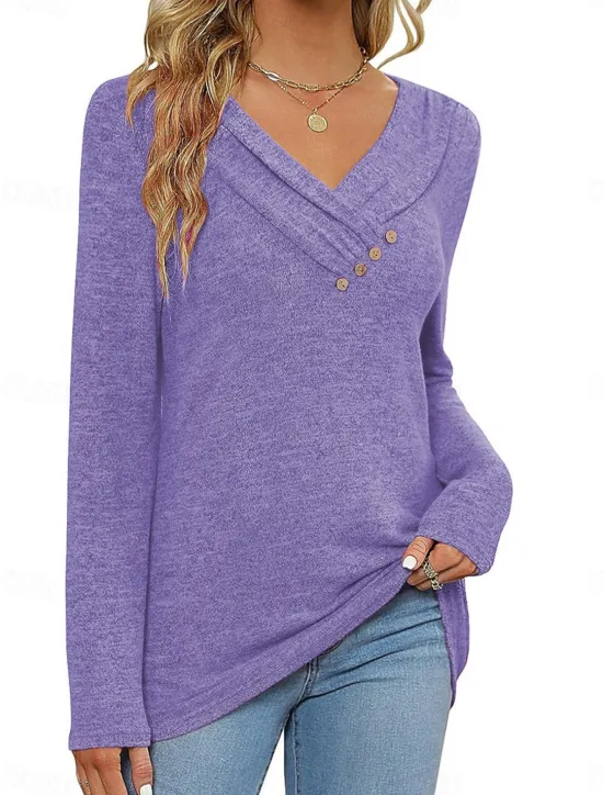 Best Women's Blouse Solid Color Stylish Casual Long Sleeve V Neck Regular Tops Daily Buttons Black Pink Wine Purple Summer Spring Women Blouses & Shirts