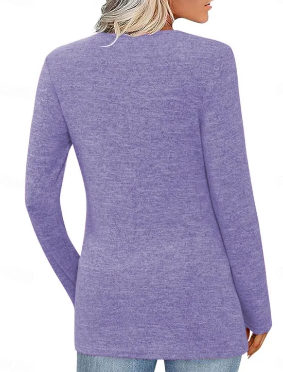 Best Women's Blouse Solid Color Stylish Casual Long Sleeve V Neck Regular Tops Daily Buttons Black Pink Wine Purple Summer Spring Women Blouses & Shirts