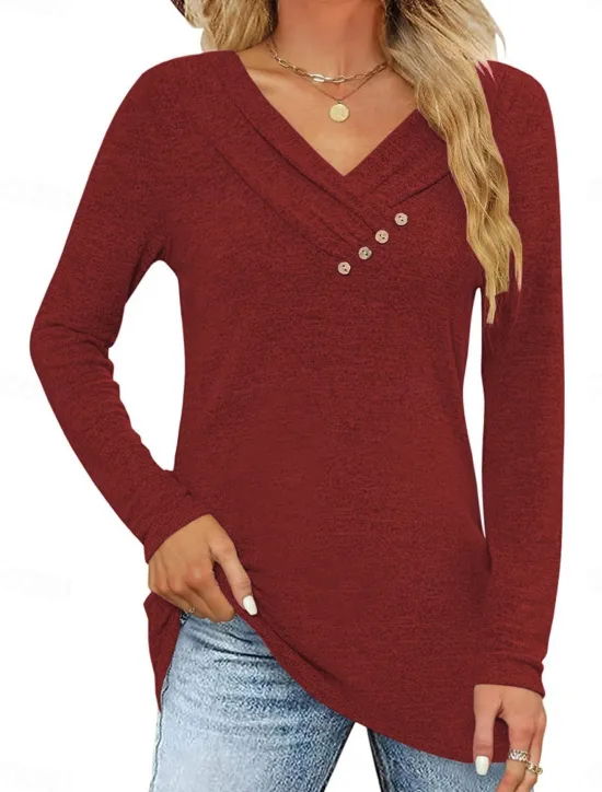 Best Women's Blouse Solid Color Stylish Casual Long Sleeve V Neck Regular Tops Daily Buttons Black Pink Wine Purple Summer Spring Women Blouses & Shirts