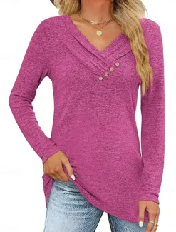 Best Women's Blouse Solid Color Stylish Casual Long Sleeve V Neck Regular Tops Daily Buttons Black Pink Wine Purple Summer Spring Women Blouses & Shirts
