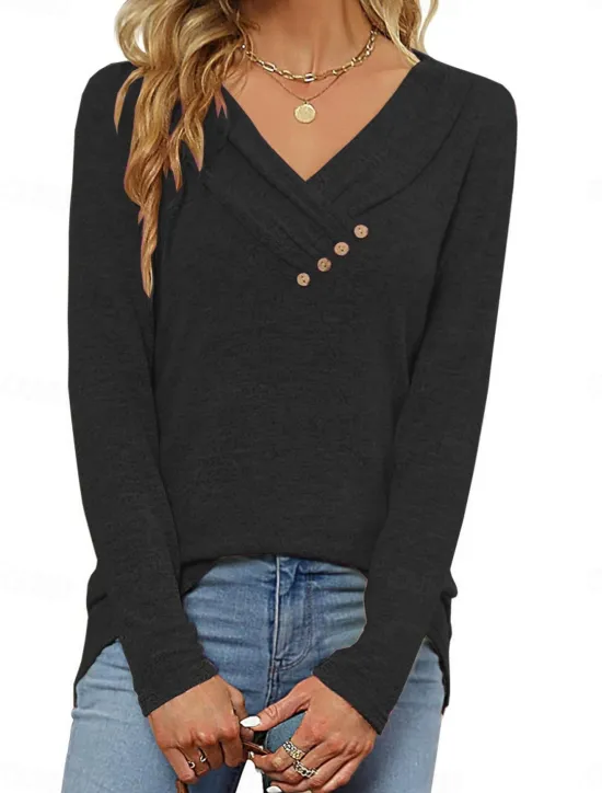 Best Women's Blouse Solid Color Stylish Casual Long Sleeve V Neck Regular Tops Daily Buttons Black Pink Wine Purple Summer Spring Women Blouses & Shirts