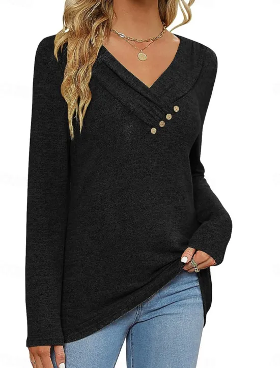 Best Women's Blouse Solid Color Stylish Casual Long Sleeve V Neck Regular Tops Daily Buttons Black Pink Wine Purple Summer Spring Women Blouses & Shirts