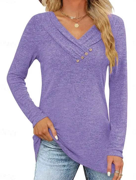 Best Women's Blouse Solid Color Stylish Casual Long Sleeve V Neck Regular Tops Daily Buttons Black Pink Wine Purple Summer Spring Women Blouses & Shirts