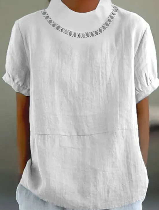 Best Women's Blouse Solid Color Elegant Stylish Casual Short Sleeve Turtleneck Regular Tops Daily Holiday White Blue Summer Women Shirts