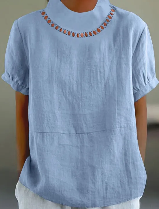 Best Women's Blouse Solid Color Elegant Stylish Casual Short Sleeve Turtleneck Regular Tops Daily Holiday White Blue Summer Women Shirts