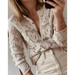 Best Women's Blouse Solid Color Basic Casual Long Sleeve Crew Neck Regular Tops Daily Hollow Out Buttons Fall Winter Women Lace Tops