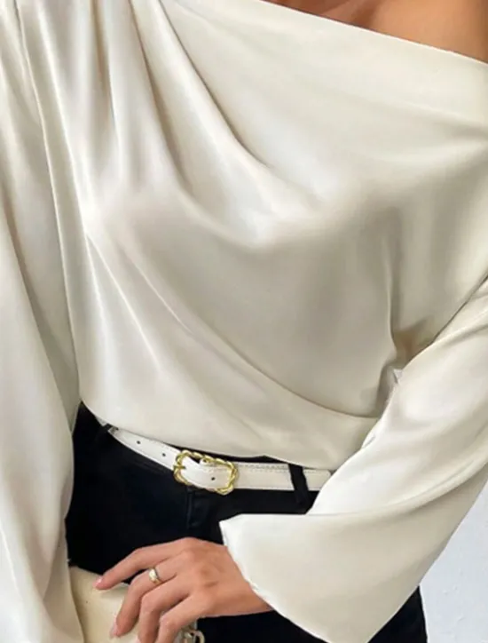 Sale Women's Blouse Solid Color Basic Casual Long Sleeve Lantern Sleeve Asymmetrical Regular Tops Work Daily Holiday Ruched Patchwork White Green Beige Spring Fall Women Blouses & Shirts