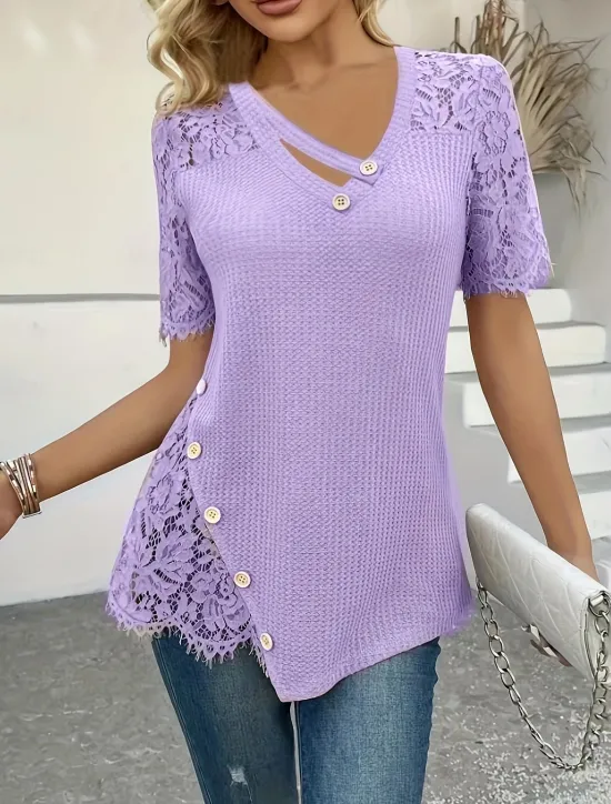 New Women's Blouse Solid Color Elegant Stylish Basic Short Sleeve V Neck Regular Tops Daily Holiday Lace Buttons Yellow Pink Purple Summer Women Lace Tops