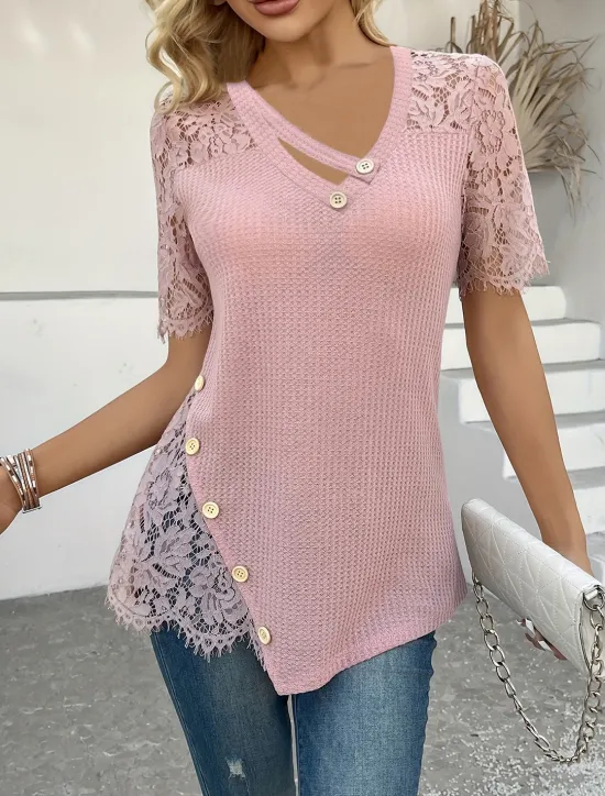 New Women's Blouse Solid Color Elegant Stylish Basic Short Sleeve V Neck Regular Tops Daily Holiday Lace Buttons Yellow Pink Purple Summer Women Lace Tops