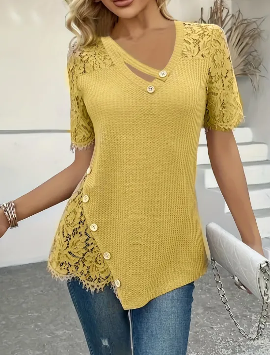 New Women's Blouse Solid Color Elegant Stylish Basic Short Sleeve V Neck Regular Tops Daily Holiday Lace Buttons Yellow Pink Purple Summer Women Lace Tops