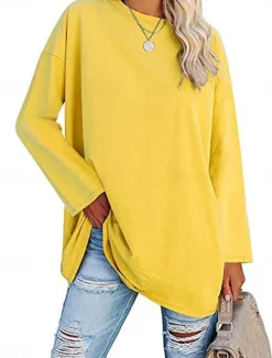 Discount Women's Blouse Solid Color Stylish Casual Long Sleeve Crew Neck Regular Tops Daily Black White Yellow Pink Spring Fall Prefall Women T-Shirts